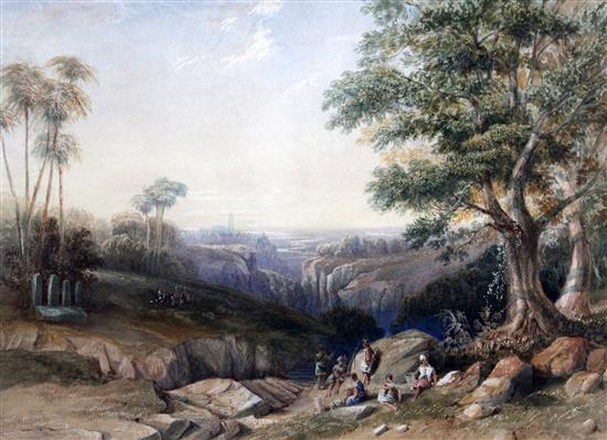 John Wilson Carmichael (1800-1868) View in South America with figures carrying panniers in the foreground, 14.25 x 20.5in.
